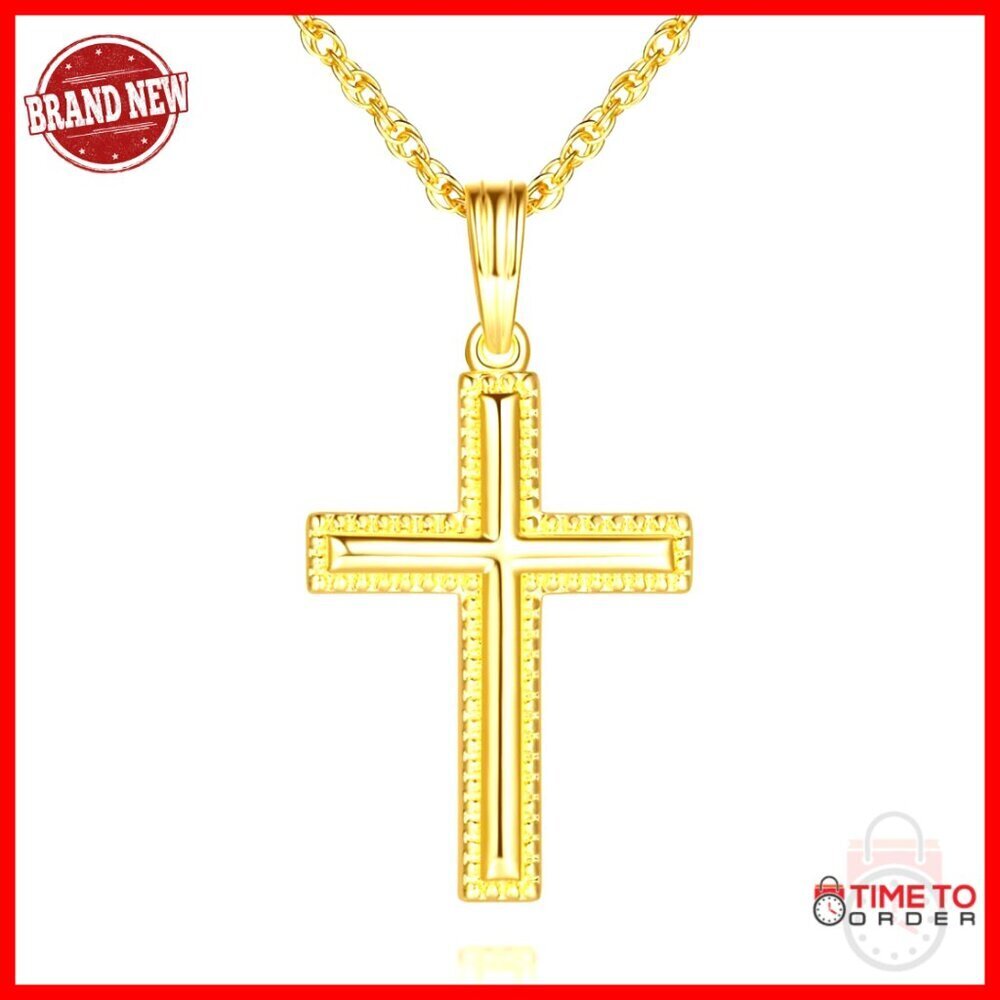 14K Gold Plated Cross Pendant Necklace with Beaded Detail Adjustable Chain